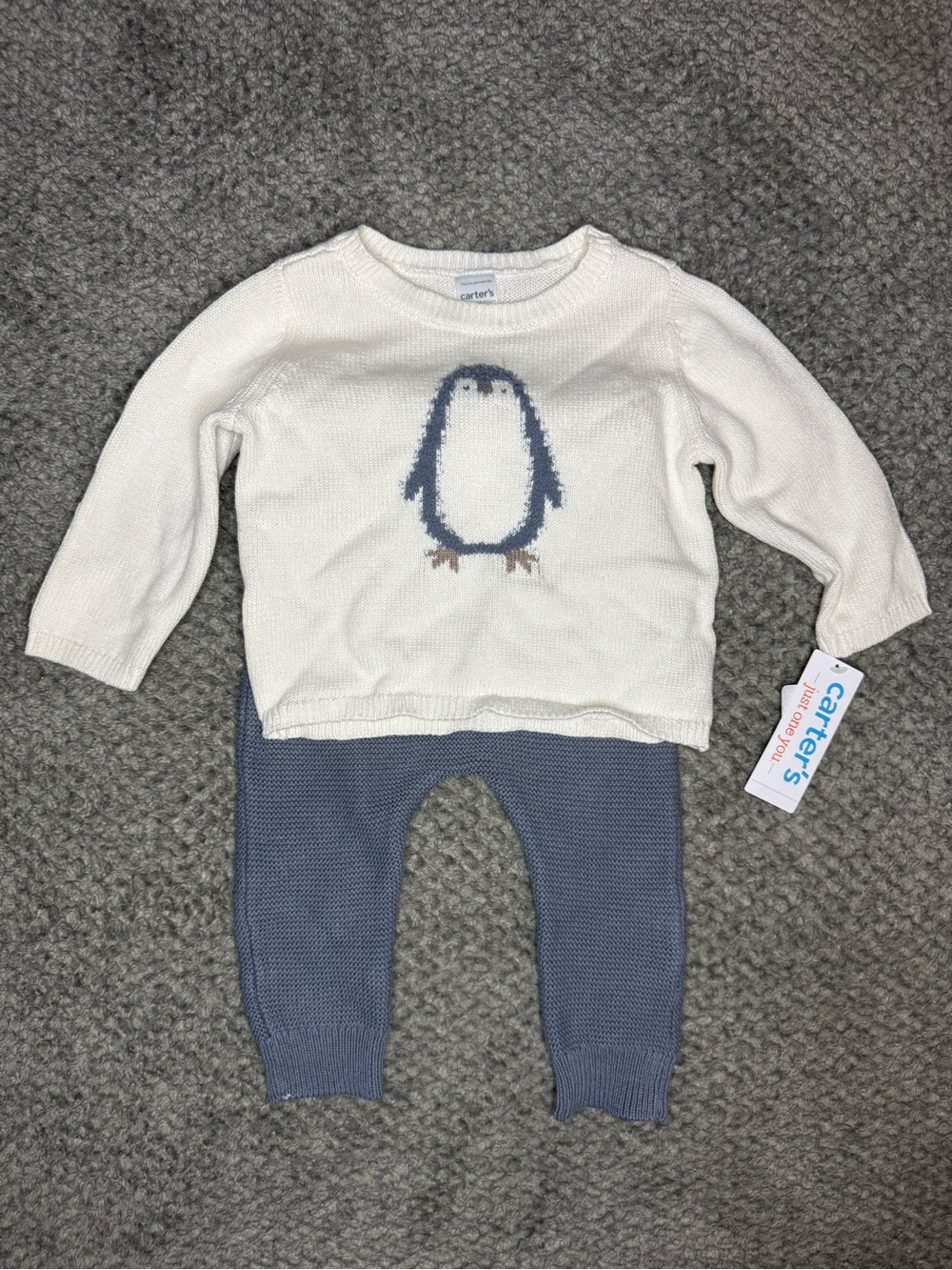 Carter’s Unisex Baby’s 2pc Penguin Knit Sweater Outfit - White/Blue 9M NWT